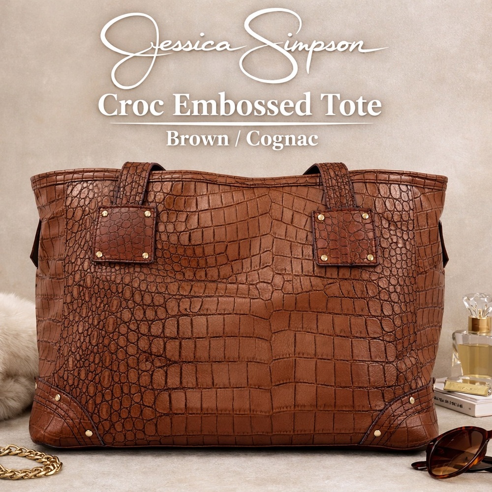 Jessica Simpson Croc Embossed Brown Tote Bag Work Travel Laptop Faux Leather